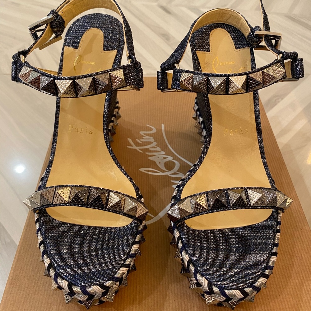 Christian Louboutin Navy and Gold Studded Wedge Sandals